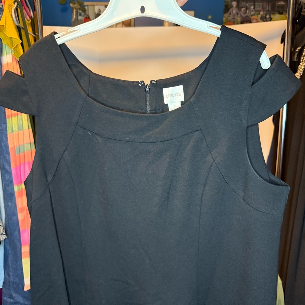 Chico's size 3 Black Cold Shoulder Ponte Shift Dress with back Zipper - Picture 5 of 8